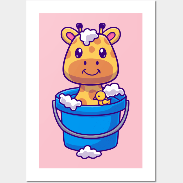 Cute Girrafe Bathing In Bucket With Bubble Cartoon Wall Art by Catalyst Labs